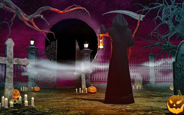 墓地里的死亡天使，在夜晚的背景中拿着一把镰刀图片下载