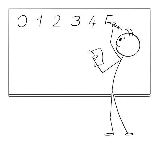 教师或学生在白板或黑板上写数字，矢量卡通棍形插图图片下载
