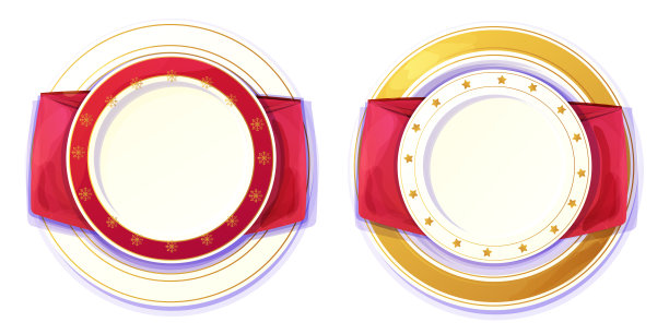 节日餐盘，明亮的空盘顶饰金色星星，边框装饰圣诞装饰，白色背景上孤立的卡通风格节日餐巾。图片下载