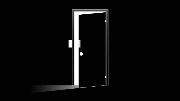 浅黑色的门在黑暗的背景上以抽象的风格打开。图片下载
