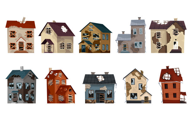 旧的风化房屋和住宅收藏。破旧的废弃房屋。破旧的老旧建筑，屋顶破损，墙壁和外墙破旧。孤立被忽略性质集图片下载