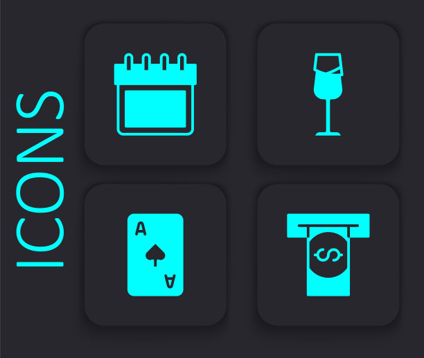设置自动柜员机和钱，日历，酒杯和扑克牌黑桃符号图标。黑色方形按钮。向量图片下载