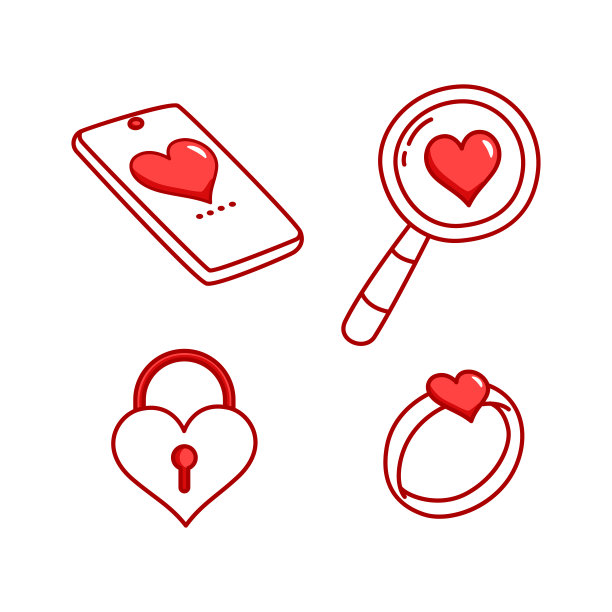 情人节元素插画设计。手机，放大镜，爱情挂锁和美丽的戒指图片下载