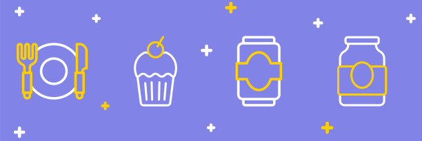 设置线果酱罐，汽水罐，松饼和盘子，叉和刀的图标。向量图片下载