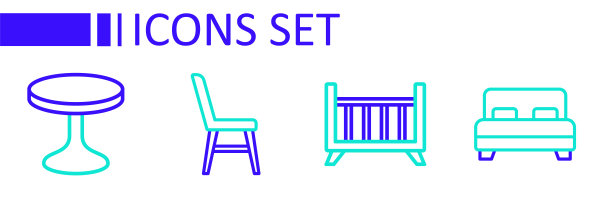 设线大床，婴儿床摇篮，椅子和圆桌图标。向量图片下载