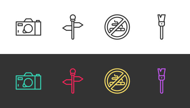 设置线路照相机，道路交通指示牌，禁止吸烟，黑色和白色油漆刷。向量图片下载