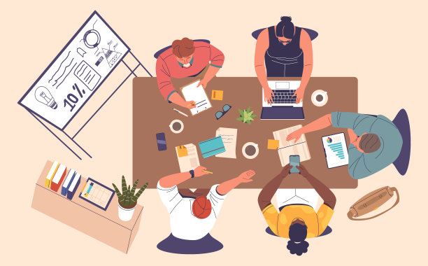 高层管理人员参与动态业务讨论的俯视图，有文件、设备和会议桌图片下载