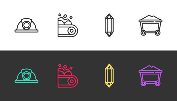 黑色和白色上有矿主头盔、运送煤、宝石石的输送带和小车。向量图片下载