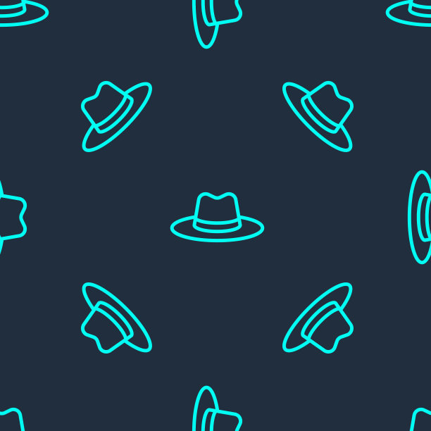 绿线男子帽子与丝带图标隔离无缝图案在蓝色背景。向量图片下载