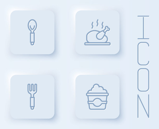 把勺子，烤火鸡或鸡肉，叉子和爆米花放在纸板箱里。白色方形按钮。向量图片下载