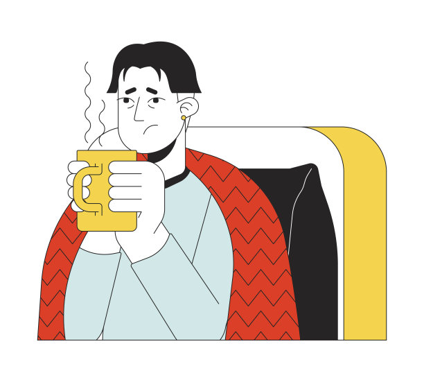 筋疲力尽的流感亚洲人拿着热饮2D线性卡通人物图片下载