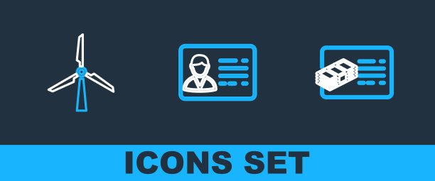 设置线路财务文件，风力发电机和标识徽章图标。向量图片下载