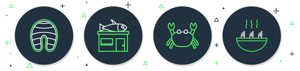 设线海鲜店，螃蟹，鱼牛排和汤与虾的图标。向量图片下载