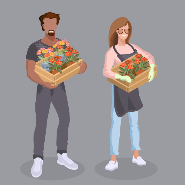 男人和女孩拿着盒子里的花盆。等距。向量。图片下载