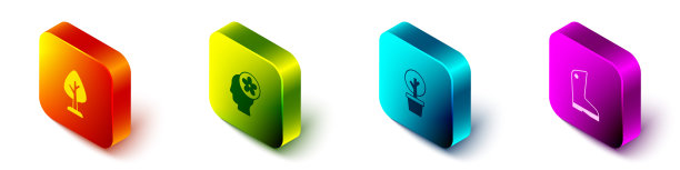 设置等距森林，人头内花，橡胶手套图标。向量图片下载