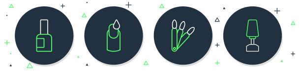 设置线美甲，假指甲，瓶子抛光和铣刀美甲图标。向量图片下载