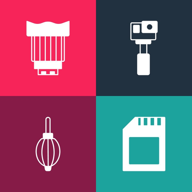 集流行艺术SD卡，吹灰机，动作相机和相机的照片镜头图标。向量图片下载