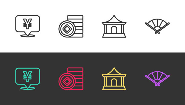 黑白两色上设行人民币、房子和日本折扇。向量图片下载