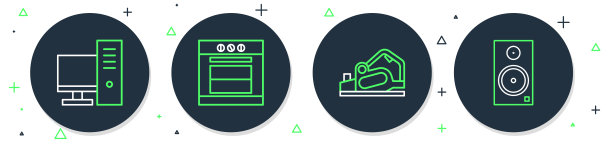 设置线烤箱，电动刨床工具，电脑显示器和立体声扬声器图标。向量图片下载