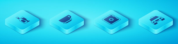 集等距香槟瓶与玻璃，咖啡杯，出租车和安全图标。向量图片下载