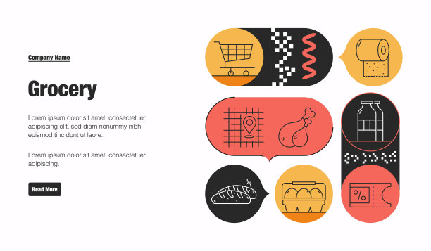 杂货相关的矢量横幅设计概念。全局多球体随时可用的模板。网页横幅，网站标题，杂志，移动应用程序等。现代设计。图片下载