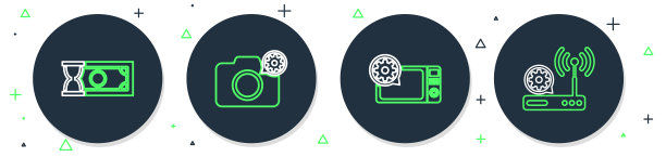 设置线照片相机设置，微波炉，快速支付和路由器和wi-fi图标。向量图片下载