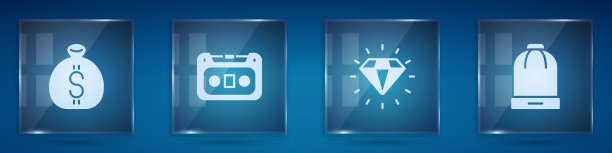 集钱袋，复古录音带，钻石和冬天的帽子。方形玻璃板。向量图片下载