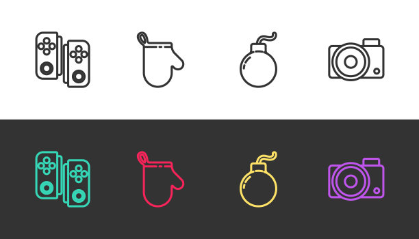 设置线手柄，烤箱手套，准备爆炸的炸弹和黑白相机。向量图片下载