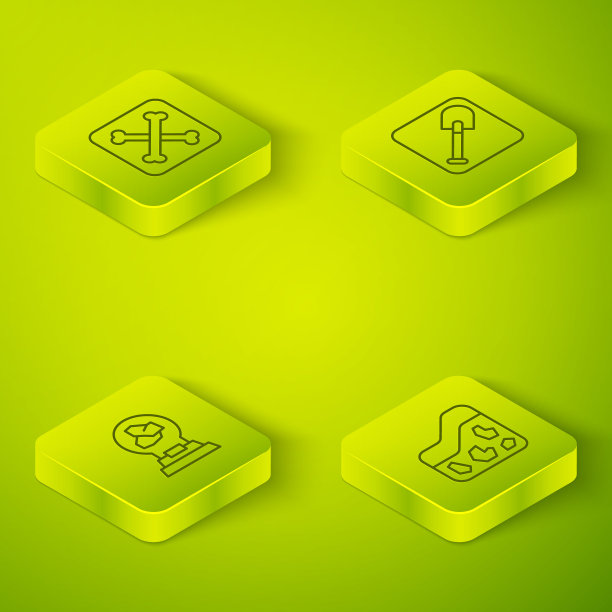 集等距线铲，展览与矿物，岩石，地面和考古图标。向量图片下载