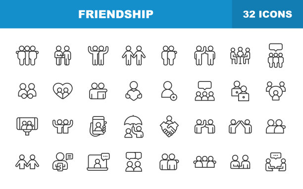 友情线图标。可编辑的中风。包含如下图标:朋友，聚会，握手，邀请，贺卡，粘合，心理健康，击掌，视频通话，宠物，情侣，关系，自拍，爱情，碰拳。图片下载