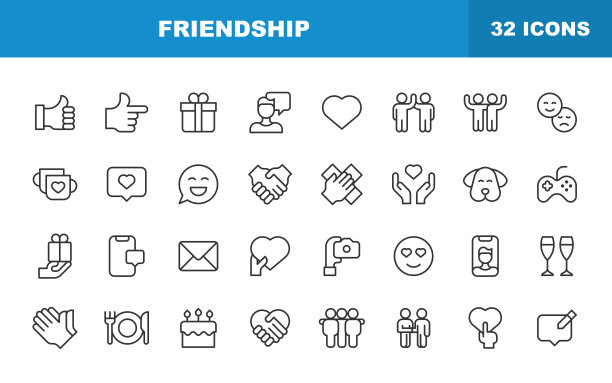 友情线图标。可编辑的中风。包含如下图标:朋友，聚会，握手，邀请，贺卡，粘合，心理健康，击掌，视频通话，宠物，情侣，关系，自拍，爱情，碰拳。图片下载