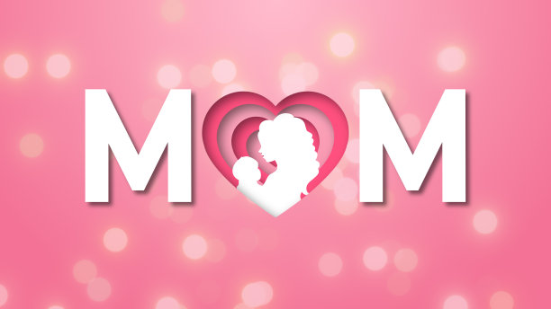 妈妈和宝宝剪影在心脏与闪亮的散景背景图片下载