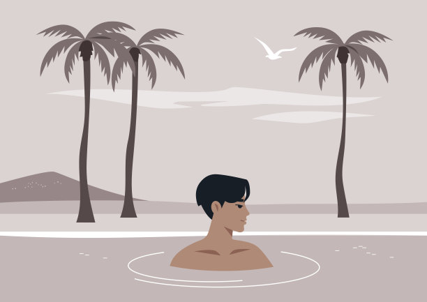 日落在热带棕榈树中游泳，一个孤独的游泳者享受炎热的天气图片下载