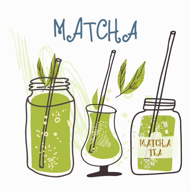 抹茶绿茶，用品，卡片，邀请函。各种抹茶产品。日本茶文化。手绘矢量插图。图片下载