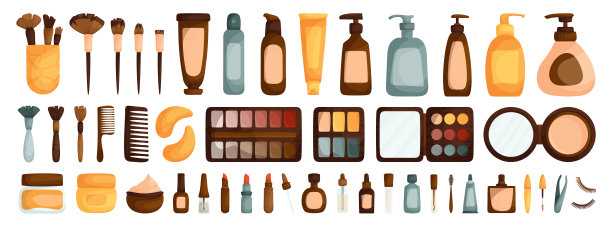 化妆。假睫毛、镊子、睫毛膏、香水、一管面霜、口红、一瓶油、移液器、一罐面霜、指甲油、刷子、木梳子、眼贴、眼影板、腮红、分配器图片下载