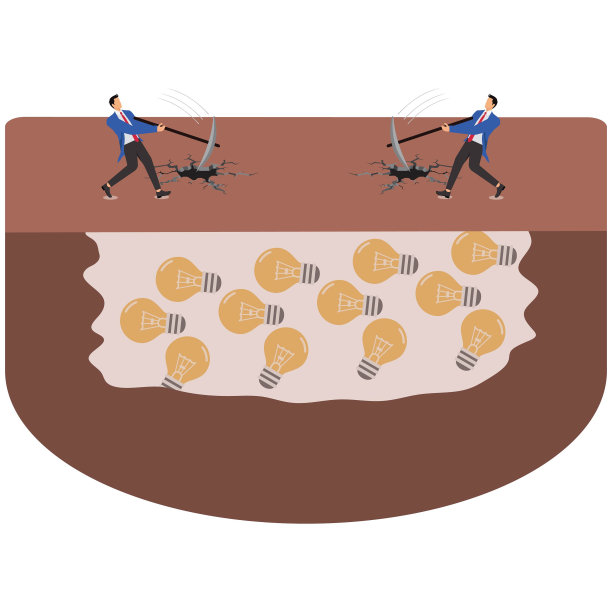 发掘新观念和新思想，学习的过程，发展新的教育或商业理念，潜在的创造力，等长两个商人用锄头挖掘埋在地下的灯泡图片下载