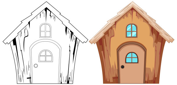 一个房子插画的两个阶段，素描到上色图片下载