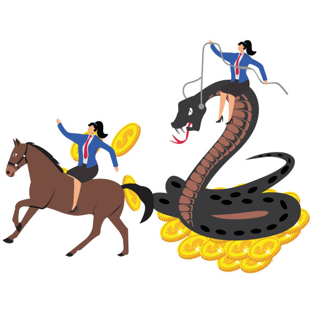 欺诈、骗局或陷阱、投资风险或金钱陷阱、银行或储蓄危机、非法投资、坐在巨大毒蛇头上追逐逃跑的存钱罐的女商人图片下载