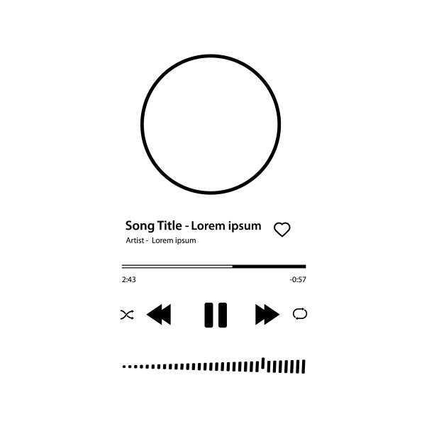 音乐播放器歌曲牌匾按钮加载酒吧均衡器标志声波和框架相册照片。时尚的音乐播放器界面。向量图片下载
