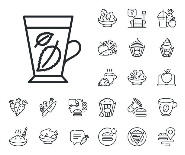 薄荷茶系列图标。新鲜的草药饮料。可丽饼、甜爆米花和沙拉。向量图片下载