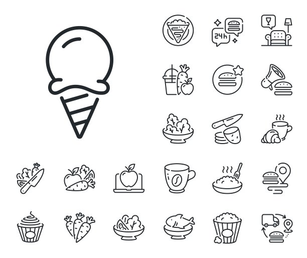 冰淇淋线图标。香草圣代甜筒标志。可丽饼、甜爆米花和沙拉。向量图片下载