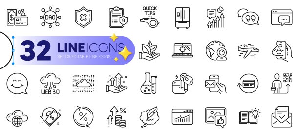 轮廓集的飞机，贷款百分比和喜欢的照片线图标。用于web应用程序。矢量图片下载