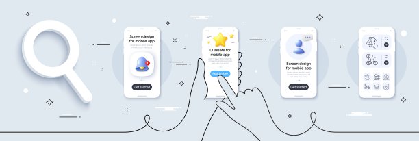 计时器应用程序，自行车停车和哑铃线图标包。用于web应用程序。手机屏幕模型。向量图片下载