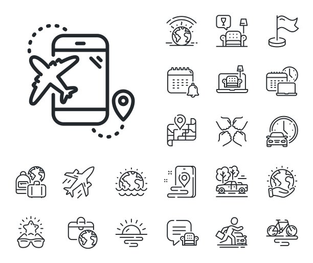 飞机旅行线路图标。旅行航班目的地标志。飞机、旅行地图和行李领取处。向量图片下载