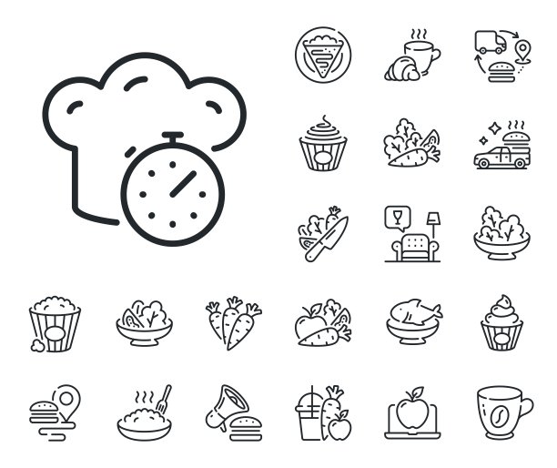 烹饪定时器线图标。油炸秒表标志。准备食物。可丽饼、甜爆米花和沙拉。向量图片下载