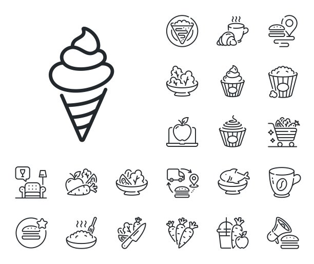 冰淇淋线图标。香草圣代甜筒标志。可丽饼、甜爆米花和沙拉。向量图片下载