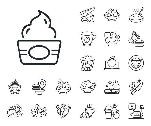 冰淇淋杯线图标。香草圣代标志。可丽饼、甜爆米花和沙拉。向量图片下载