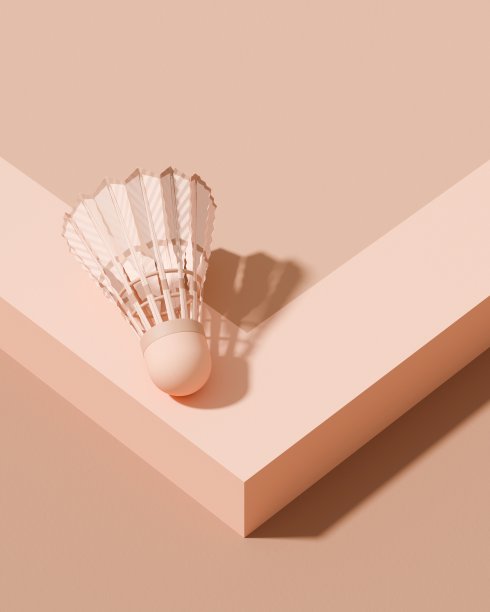 羽毛球在领奖台上以毽子的形式进行，场上有标线。体育的概念。3D插图，渲染。色调为桃红色，毛绒绒的。等距的风格图片下载