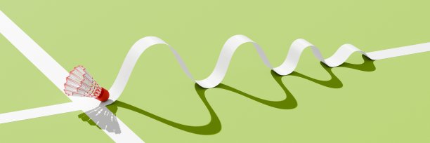 草地场上的毽子。羽毛球与标线的碰撞。运动模糊，冲击波。3d插图，创意渲染。图片下载