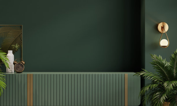 绿色橱柜和配件装饰在客厅内部的空暗墙背景图片下载